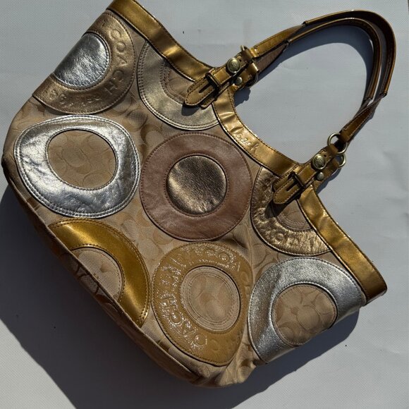 Coach Carly Patchwork Tote – Gold & Silver Metallic Circles – Y2K Style - Picture 1 of 13